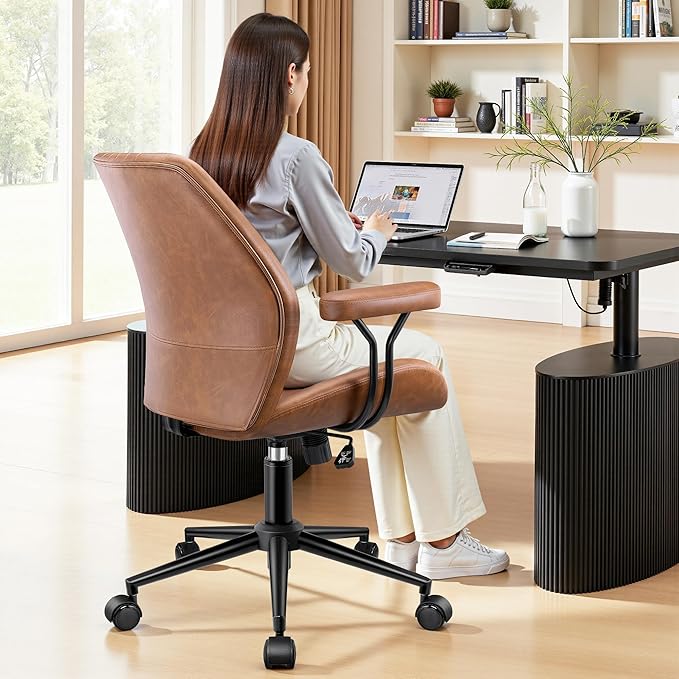 Leather Office Chair with Removable Armrests, Mid Back Ergonomic Desk Chair with Lumbar Support, Adjustable Height Rocking Swivel Executive Chair for Home Office, Brown