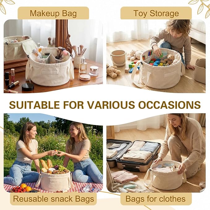 makeup bag lay flat Lay Flat Barrel Drawstring Corduroy Makeup Bag for Women Portable Open-flat Large Capacity Travel Cosmetic Organizer, Skincare & Brush Storage(Creamy White)