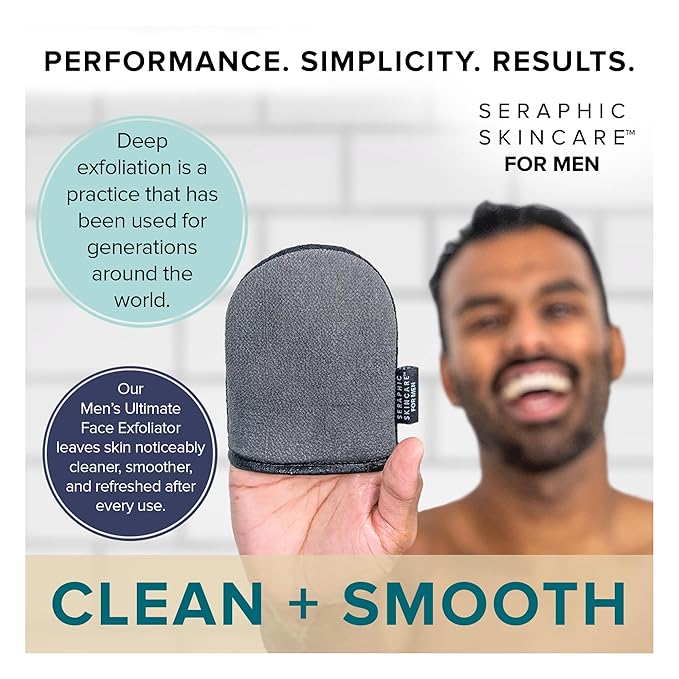 Seraphic Skincare Men Ultimate Exfoliating Facial Mitt – 100% Vegan Dual-Sided Face Mitten with Viscose & Washcloth – Facial Scrub Pad for Gentle Cleansing & Exfoliation – Natural Dead Skin Remover