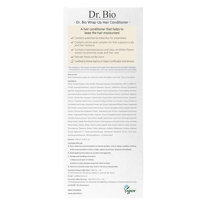 Dr. Bio Wrap-Up Treatment (8.45oz/250ml)| Damaged Hair Repair Treatment, Moisturizing Protein Conditioner for Volume with Probiotics & Amino Acid, Sensitive Scalp Relief, Korean Hair Care, Vegan | silicon-free, Vegan, Korean Hair Care, Moisturizing Pro...