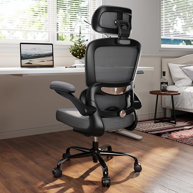TRALT Ergonomic Office Chair - Desk Chair with Adjustable Headrest Lumbar Support Computer Chair - Mesh Comfy Chair with Flip-up Armrests - Gaming Chairs for Adults Home Office (Leather, Dark Grey)