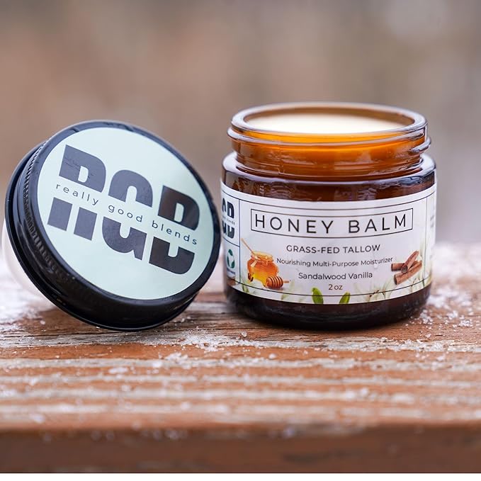 Tallow Honey Balm, Organic Body Butter, Grass-Fed Beef Tallow for Skin, Soothing All-Natural Moisturizer for Body and Face | Made in USA - 2 oz (Sandalwood Vanilla)