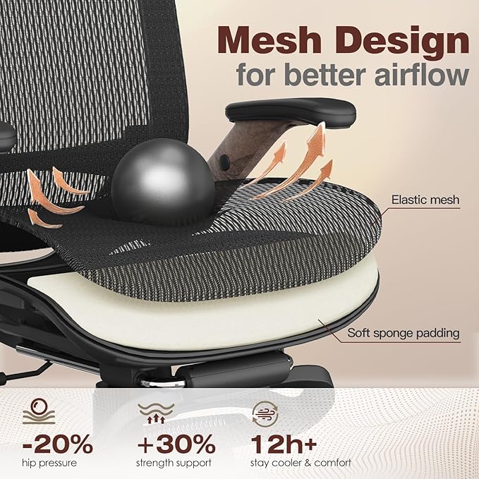 GABRYLLY Ergonomic Office Chair with Footrest, High Back Mesh Computer Chair with Flip-Up Arm, 3D Headrest, 135° Reclining, Rolling Gaming Task Chair with Wide Seat Lumbar Support,300LBS