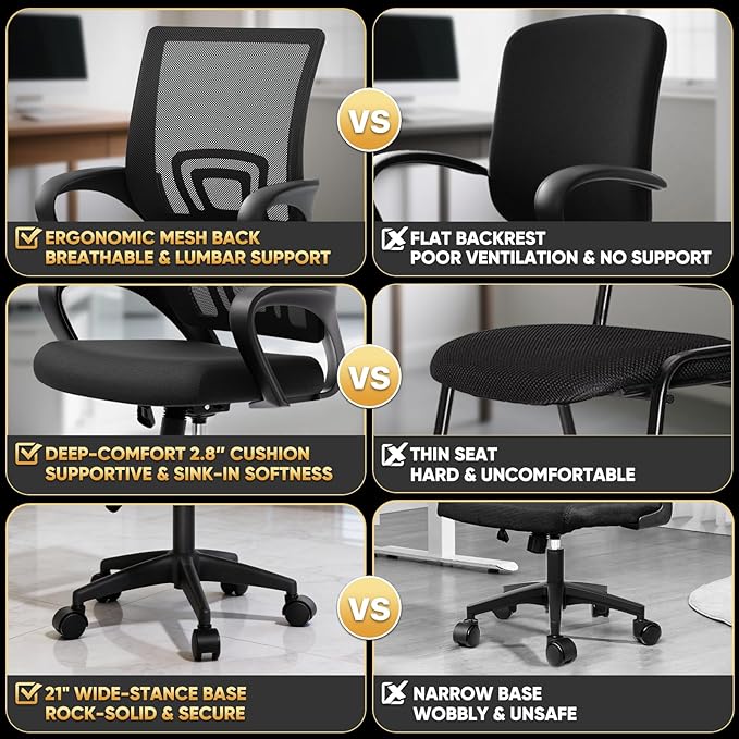 Magshion Ergonomic Office Chair Pack of 2, Mid-Back Mesh Desk Chair, Adjustable Swivel Computer Chair with Lumbar Support & Breathable Backrest for Gaming, Work, Study, 300 Lbs Capacity, Black