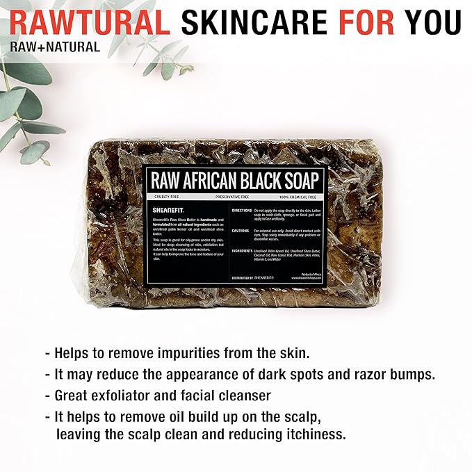 Sheanefit Raw African Black Soap Bar - For All Skin Types - Face, Body, Hair Soap Bulk Bars (15 Ounce (Pack of 3))