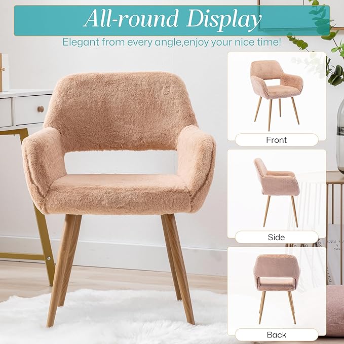 Home Office Faux Fur Desk Chair, Fluffy Makeup Vanity Chair, Comfy Accent Armchair with Wood Grain Metal Legs, Cute Dining Chair with Hollowed Back, Camel