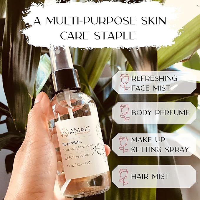 Amaki Pure Rose Water Mist Toner - Alcohol Free - The Best Moisturizer for Mature, Acne Prone Skin Reduce Blackheads, Pimples and Adult Acne While Restoring Hydration Even to Overly Dry Skin