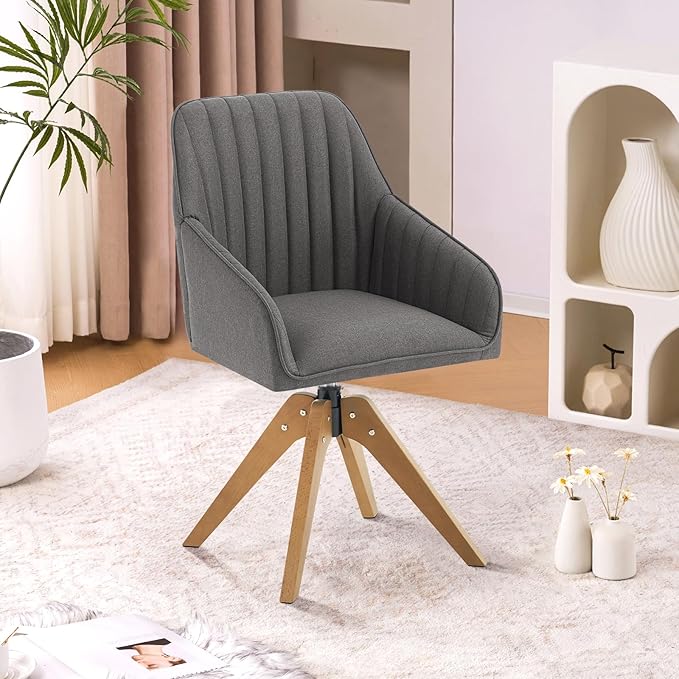 Furniliving Mid Century Modern Accent Chair, 36.8 Inch Upholstered Swivel Chair for Living Room with Arms Home Office Desk Chair for Bedroom Wood Legs Computer Task Chair No Wheels, Darkgrey