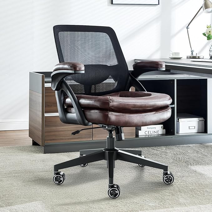 Big and Tall Office Chair, 500lbs Mesh Heavy Duty Ergonomic Desk Chair with Flip-up Armrests, Plus Size Wide Seat in PU Leather, 360 Swivel Computer Executive Task Chair for Home Office (Brown)