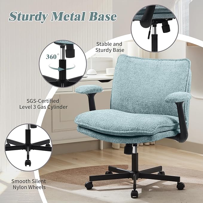 Criss Cross Legged Office Chair with Wheels and Flip-Up Arms, Upholstered Criss Cross Desk Chair, Wide Seat Chairs for Home Office, Vanity, Apartment, Light Green