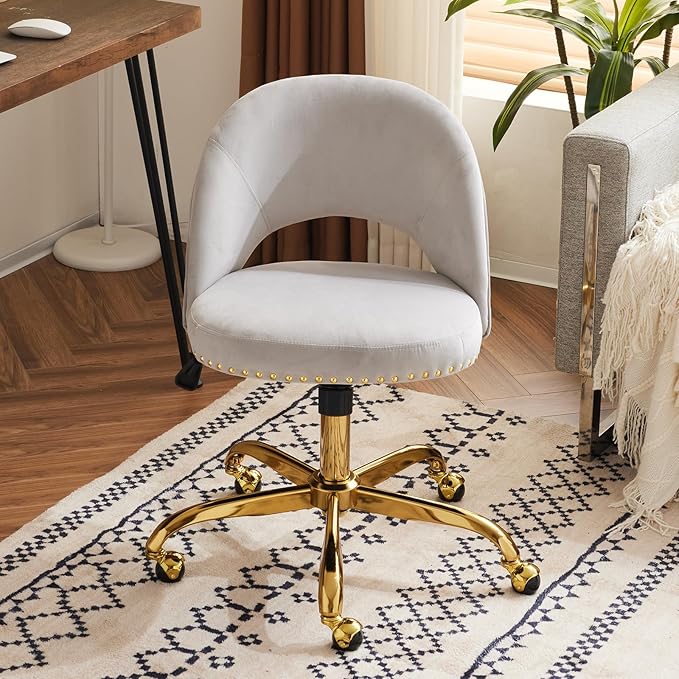 VINGLI Stylish Vanity Chair with Back, Girl Desk Chair with Silent Wheels and Velvet, Grey