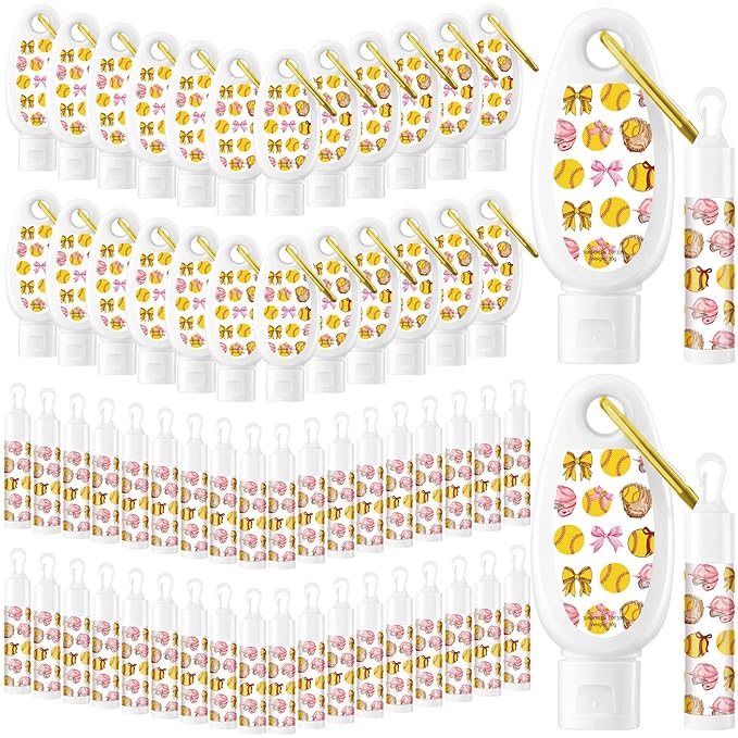 Demissle 12 Sets Softball Party Favors Mini Sunscreen and Sunscreen Lip Balms Bulk Spf 30 Travel Size 1oz Lotion with Carabiner Clip-on Lip Balms Packets for Team Women Birthday Gifts(Softball Bow)