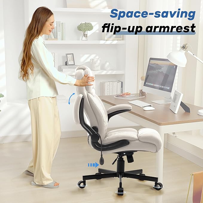 550LBS Big and Tall Office Chair, Comfy Heavy Duty Executive Chair with Adjustable Lumbar Support Double Spaces Casters, PU Extra Wide Seat Ergonomic Computer Desk Chair for Back Pain, BEIGEWHITE
