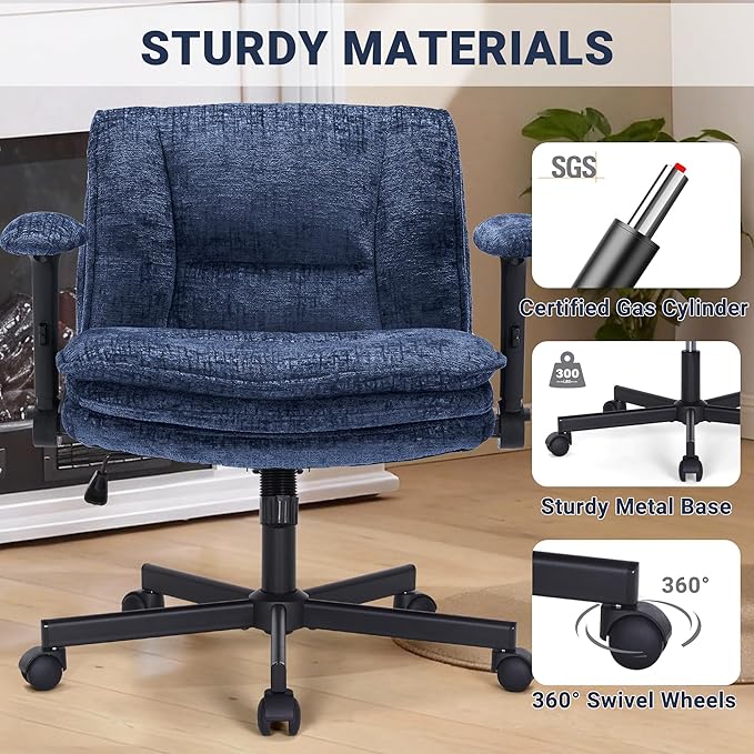 Criss Cross Chair with Wheels and Flip Arms, Upholstered Cross Legged Office Chair with 3 Layer Cushions&Dynamic Airbag Lumbar Support, Wide Seat Comfy Desk Chair for Home Office, Living Room, Navy