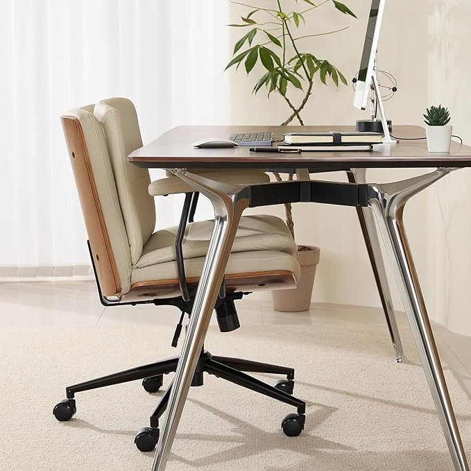 Home Office Desk Chair with Armrests & Wheels, Modern Walnut Swivel Rolling Executive Task Chair, PU Leather Vanity Chair with Lumbar Support, Height Adjustable Ergonomic Computer Chair (Beige)
