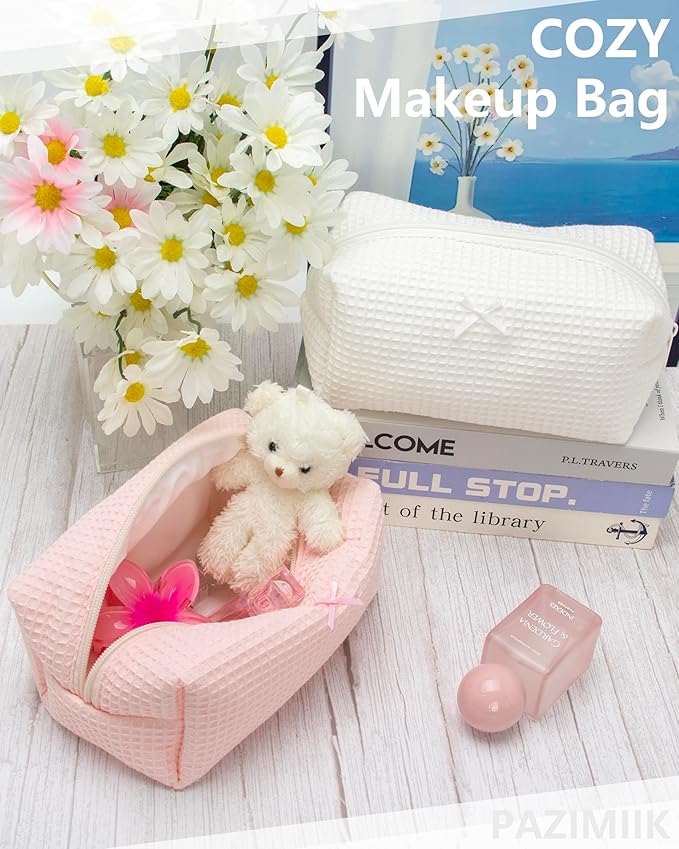 6PCS Cozy Makeup Bag Travel Cosmetic Bag for Women Soft Toiletry Bag Aesthetic Makeup Organizer Portable Large Zipper Pouch for Skincare Beauty Accessories Brushes Waffle Check Light Pink