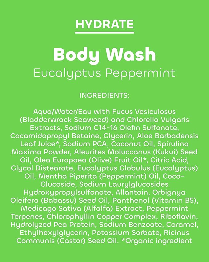 Seaweed Bath Co. Hydrate Body Wash - Eucalyptus Peppermint - Hydrating Lathering Cleanser with Nourishing Natural Ingredients - Vegan, Paraben and Sulfate Free Shower Gel - 12 oz (Pack of 2)