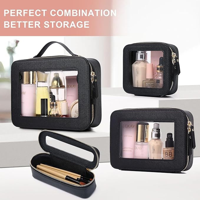 Pinkmik Clear Makeup Bag with Brush Bag 2pcs Waterproof Travel Case for Cosmetics and Toiletries Women's Cosmetic Organizer with Zipper (Black, L+SLIM)