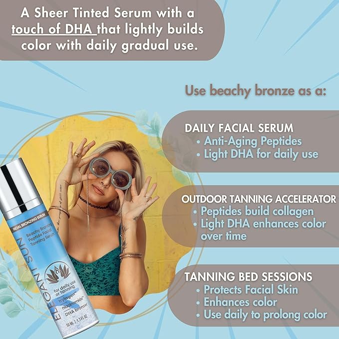 Beachy Bronze - Peptide Facial Tanning Bed Lotion, Gradual DHA Bronzing Serum & Daily Face Moisturizer Collagen, Niacinamide, Exosomes, Sheer Tint, Sun-Kissed Glow, 1.7 fl oz