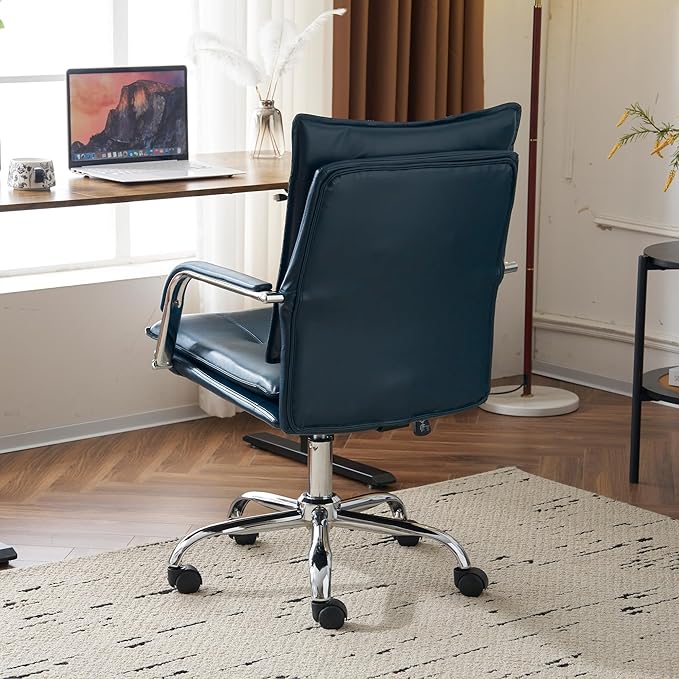 MOJAY Office Chair, Leather Desk Chair, Brown Desk Chair, Mid Century Modern Office Chair, Swivel Comfy Upholstered Wide Seat Chair with Gold Legs and Armrests for Home, Office (Dark Blue&Silver)