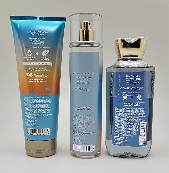 Bath & Body Works – Summertime Surf - 3 pc Bundle - Fine Fragrance Mist, Ultimate Hydration Body Cream and Shower Gel - Winter 2021