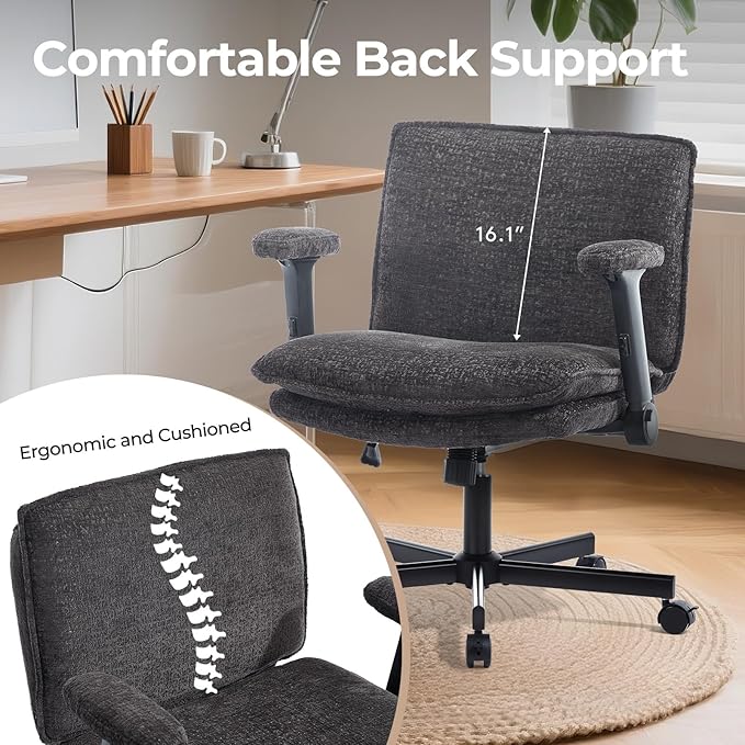 Criss Cross Chair with Flip-Up Arms and Lockable Wheels, Plush Fabric Cross Legged Office Desk Chair,Wider 125°Tilting Adjustable Swivel Computer Chair for Home, Apartment, Bedroom,Black