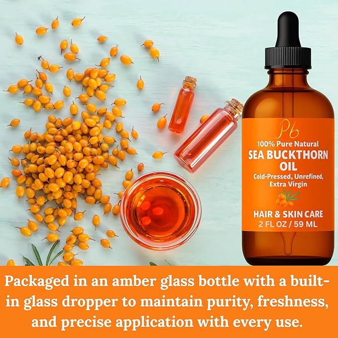 Sea Buckthorn Oil – 100% Pure Cold-Pressed from Fruit & Seed – Sea Buckthorn Seed Oil for Face, Hair, Skin & Nails – Supports Radiant, Youthful-Looking Skin – Amber Glass Bottle 2 fl oz