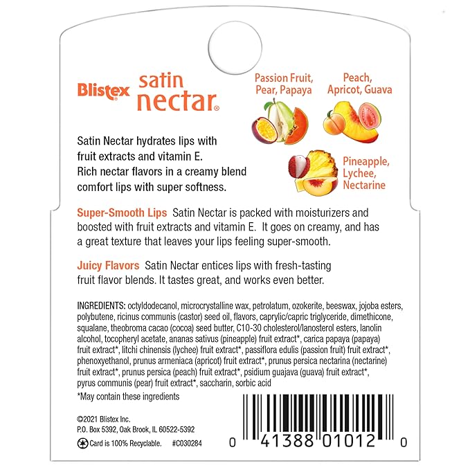 Blistex Satin Nectar Lip Balm, 0.15 oz, 3 Count, Lip Moisturizer Variety Pack, Moisturizes and Comforts Dry Lips, Refreshing Flavor Blend, Easy Glide Formula for Full Coverage, 1 Pack