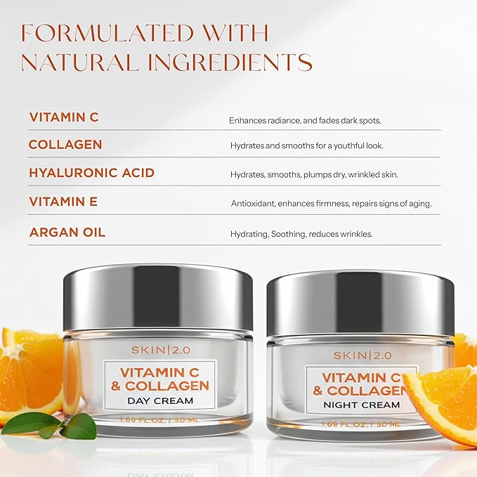 Vitamin C & Collagen Face Moisturizer – Anti Aging Day & Night Cream for Smooth & Radiant Skin, Firms & Restores Dull Complexion – Dermatologist Tested, Korean Skin Care Set, Vegan – Duo Pack