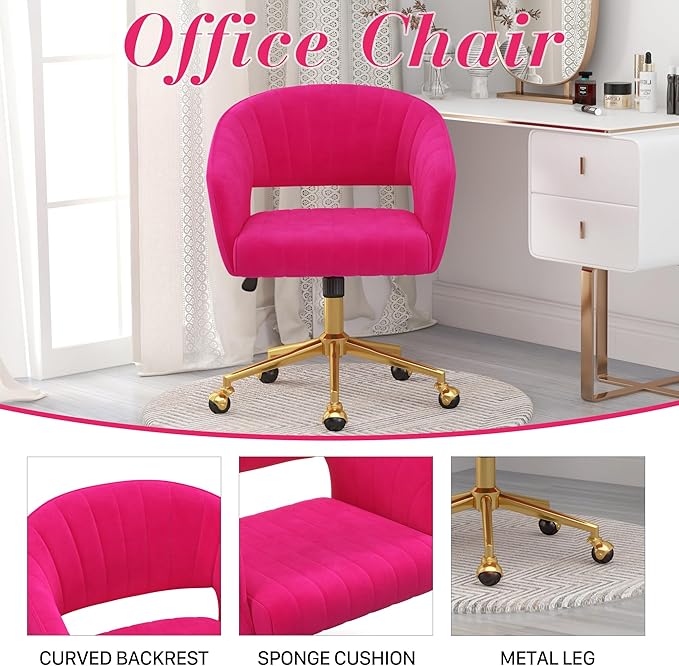 Home Office Chair Swivel Velvet Desk Chair Accent Armchair Upholstered Modern Tufted Chairs with Gold Base for Girls Women Ergonomic Study Seat Computer Task Stools for Living Room(Hot Pink)