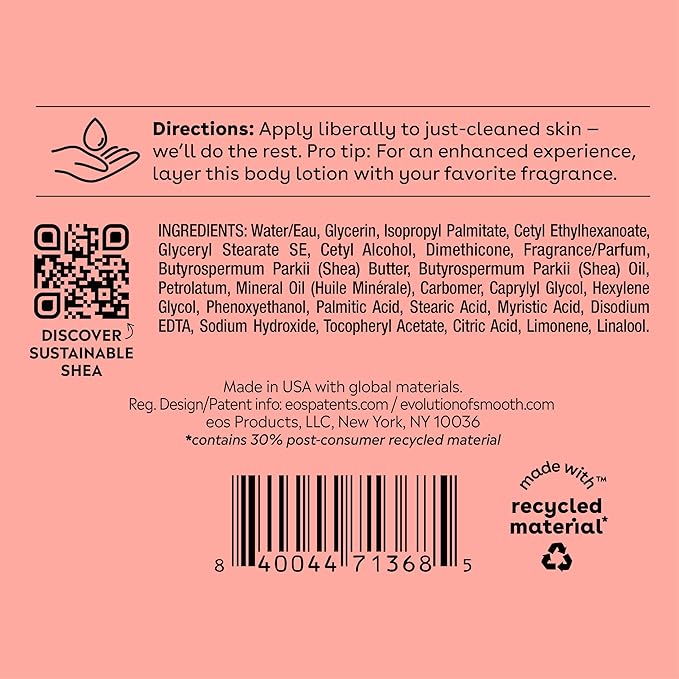 eos Shea Better Body Lotion Pink Champagne, 24-Hour Moisture Skin Care, Lightweight & Non-Greasy, Natural Shea, Vegan, 16 fl oz