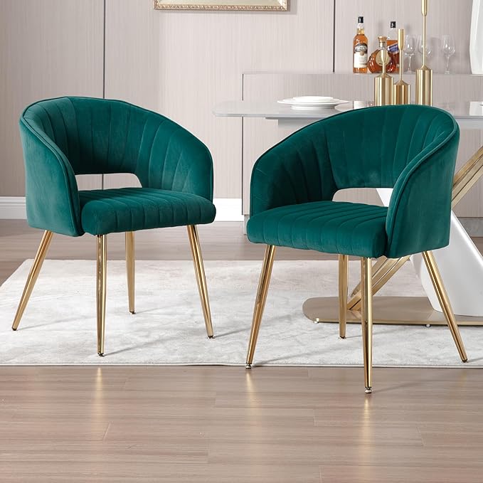 Westice Velvet Home Office Desk Chair Set of 1, Modern Tufted Vanity Chairs with Gold Metal Legs, Upholstered Accent Armchair for Living Room Restaurant, Dark Green