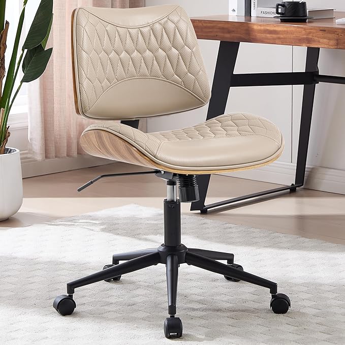 Walnut Bentwood Mid Back Armless Office Chair 1 Pack, Adjustable Height PU Leather Swivel Desk Chair with Wheels, Rolling Computer Task Chair for Home Office, Study, Meeting Room