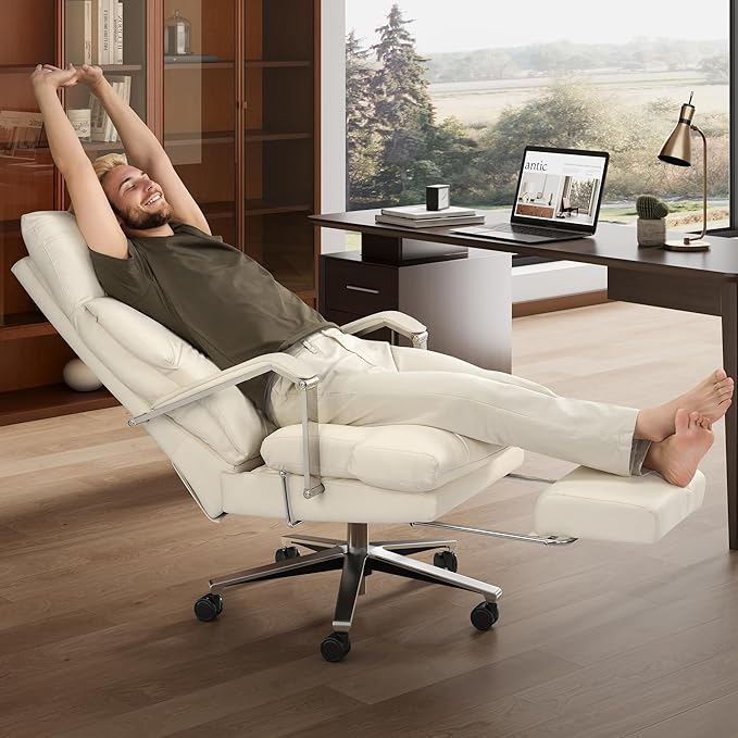 M76 160° Reclining Executive Office Chair with Footrest, Adjustable Seat Depth, 10" Thick Cloud Cushion Desk Chair, 420lb Heavy Duty High Back Leather Desk Chair for Home Office, Cream