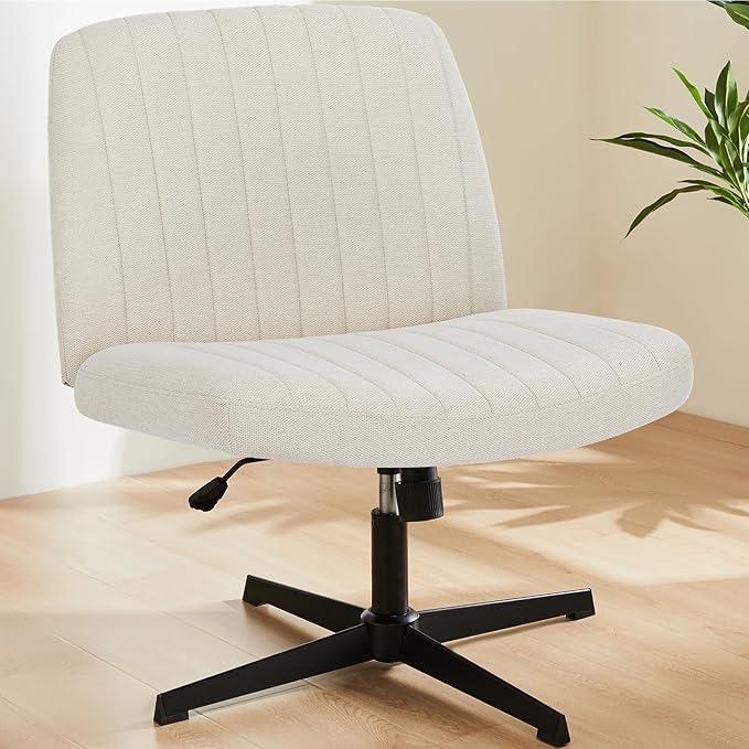 Sweetcrispy Criss Cross Chair Legged, Armless Office Swivel Desk Chair No Wheels, Vanity Height Adjustable Wide Seat Comfy Cute Computer Task Seating for Home Bedroom