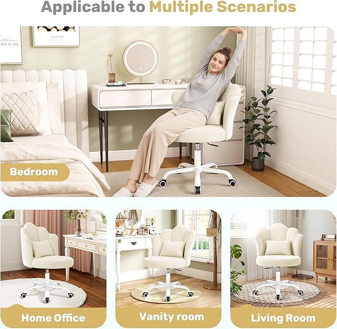 Petal Vanity Chair with Wheels, 3.15" Extra Thick Comfy Makeup Chair, Adjustable Modern Swivel Armless Desk Chair for Girls Women, Aesthetic Small Office Chair for Bedroom Dorm
