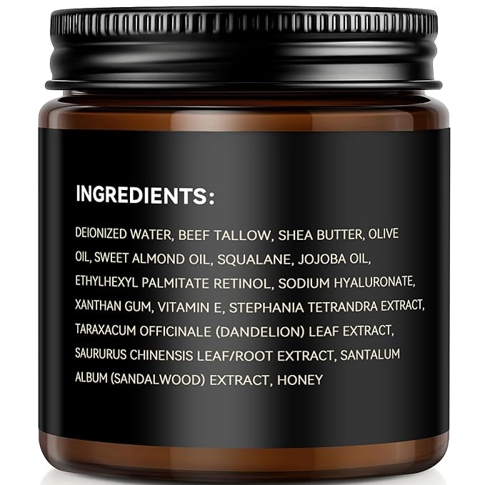 Men's Beef Tallow for Skin, Whipped Grass-Fed Beef Tallow Face Cream, Tallow Balm with Anti-Aging Retinol & Hyaluronic Acid, Mens Skin Care Face Moisturizer, Reduces Wrinkles Lines, Sandalwood, 3.5 OZ