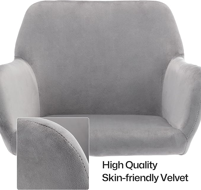 Faux Fur 360°Swivel Desk Chair, Modern Height Adjustable Home Office Armchair with Golden Base for Teens Women Girls, Upholstery Computer Chair for Home Studios, Velvet & Light Grey