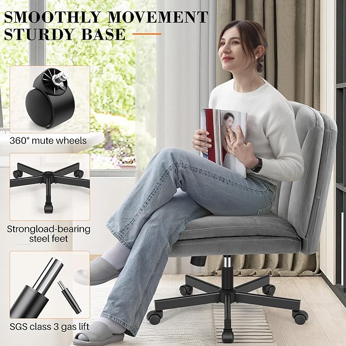 FelixKing Criss Cross Chair with Wheels, Cross Legged Office Chair, Armless Wide Vanity Desk Chair with 2 Layer Comfty Velvet & Back - Swivel for Home Office Bedroom, Velvet Gray