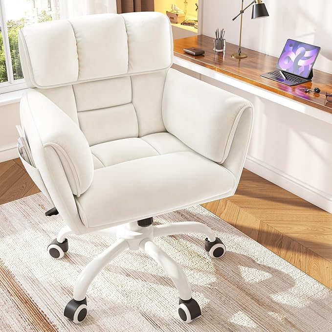 Home Office Chair with Wheels Soft-Touch Material,Modern Cute Vanity Chair with Back Adjustable Height Upholstered Comfy Desk Chairs with Side Pockets for Bedroom,White