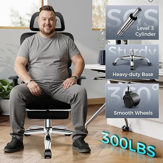 Ergonomic Office Chair with Footrest, Big and Tall Home Desk Chair, High Back Rolling Computer Chair with 3D Arms and Lumbar Support, Comfortable Gaming Chair, Black-8 Pack