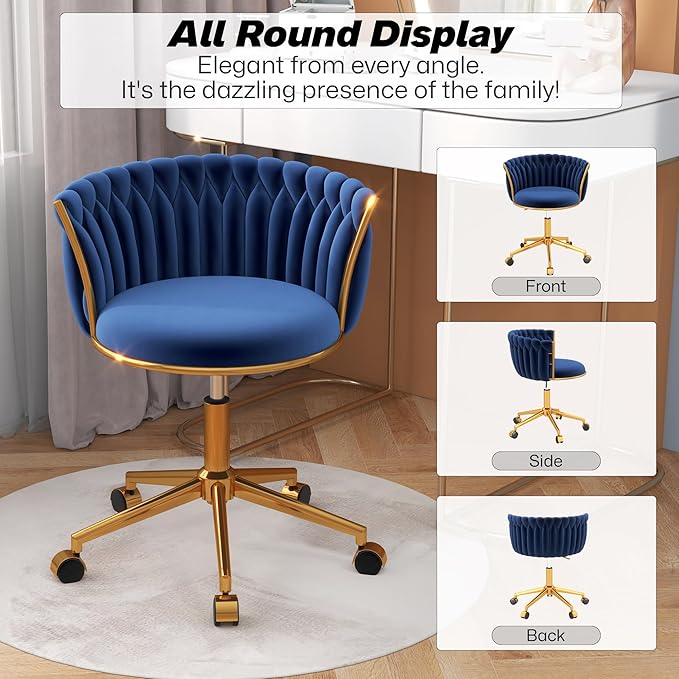 Velvet Woven Home Office Chair, Modern Swivel Desk Chair with Wheels, Height Adjustable Vanity Chair with Gold Metal Base and Hand Weaving Back for Bedroom Study Small Space, Navy Blue