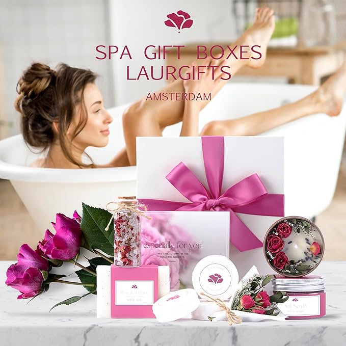 Spa Gift Set for Women – Rose & Jasmine Candle Gift Set with Bath Treats – Birthday Gift Basket for Women, Mom or Friend – Relaxing Self Care Spa Box