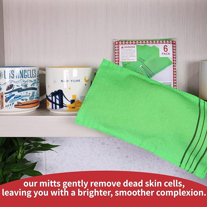 Extra Large Size 9.9" x 5.5" (6 PCs) Korean Asian Exfoliating Bath Washcloths Mitt Scrub for Body washcloth Glove Viscose Rayon Towel for Soft Skin Korea Made