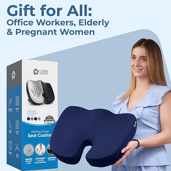 5 STARS UNITED Seat Cushion for Tailbone Pain Relief â Memory Foam Cushion for Coccyx, Hip, Sciatica & Post-Surgery Recovery â Wheelchair, Car, Desk, Gaming & Office Chairs, Blue, X-Large