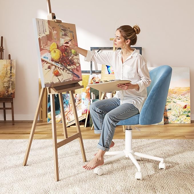 EnHomee Vanity Chair with Wheels, Cute Desk Chair with Back,Comfortable Office Chair with Adjustable Rolling Swivel for Makeup Room Bedroom, Home Office, Armless,Fog Blue
