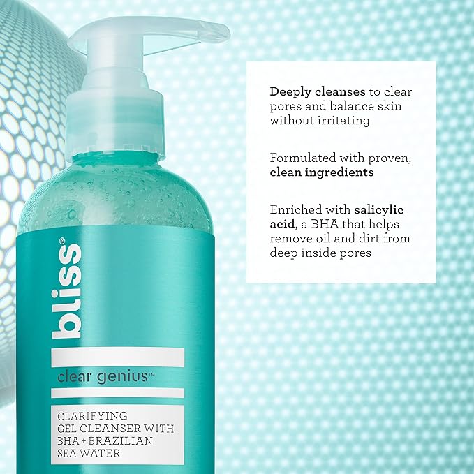 Bliss Daily Acne Routine Kit, 2pc Set- Clear Genius Toner + Serum, and Cleanser - Cleanse and Tone for Acne- Clean, Vegan, Cruelty-Free Skincare