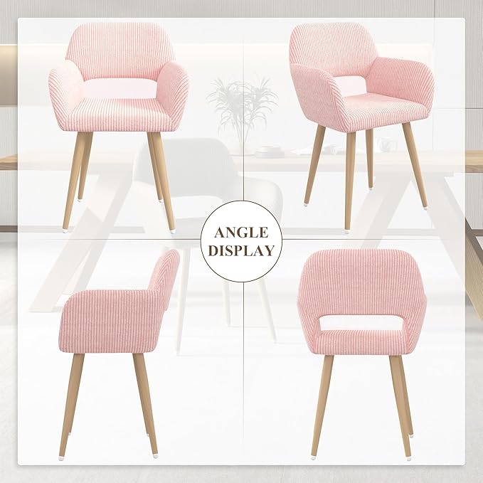 Home Office Desk Chair Set of 1, Corduroy Fabric Vanity Chair for Makeup with Hollow Backrest, Comfy Armchair Wood Frame with Strudy Metal Legs, Pink