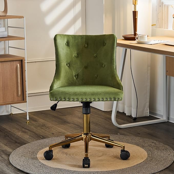 VINGLI Olive Green Velvet Armless Office Desk Chair with Gold Base/Wheels, Small Cute Vanity/Makeup Chair with Back for Bedroom, Upholstered Adjustable Rolling Swivel Nail Chair for Women/Girls