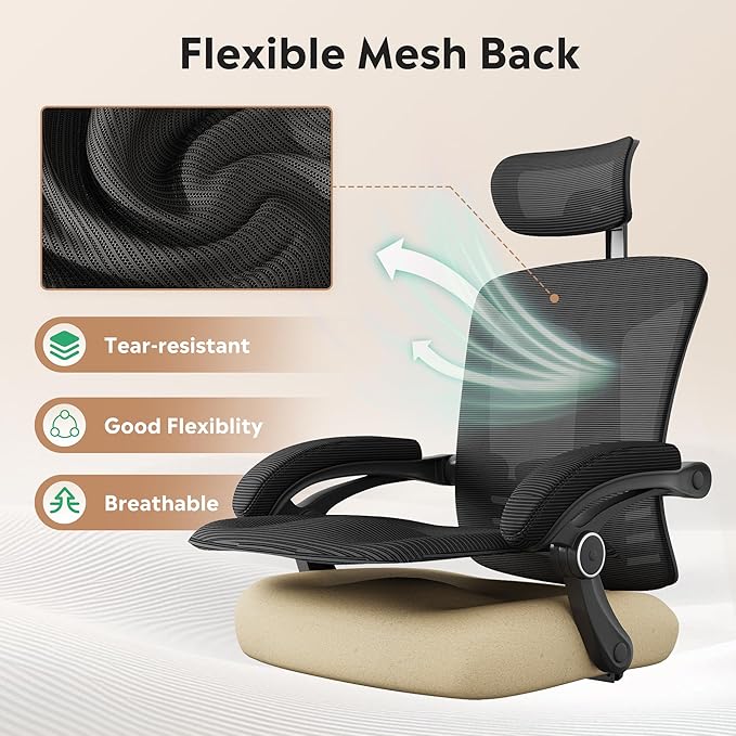 DEVAISE Ergonomic Mesh Office Desk Chair with Footrest, Comfrotable Big and Tall Reclining Computer Chair with Adjustable Lumbar Support, Backrest Adjustable, High Back SGS Class 4 Gas Lift, Black